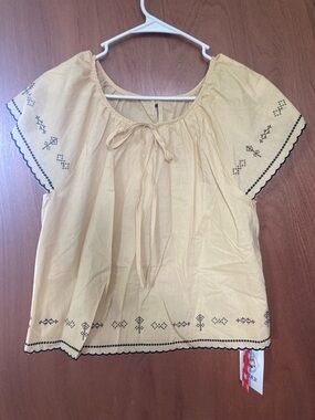 Cider Yellow Embroidered Tie-Front Peasant Top